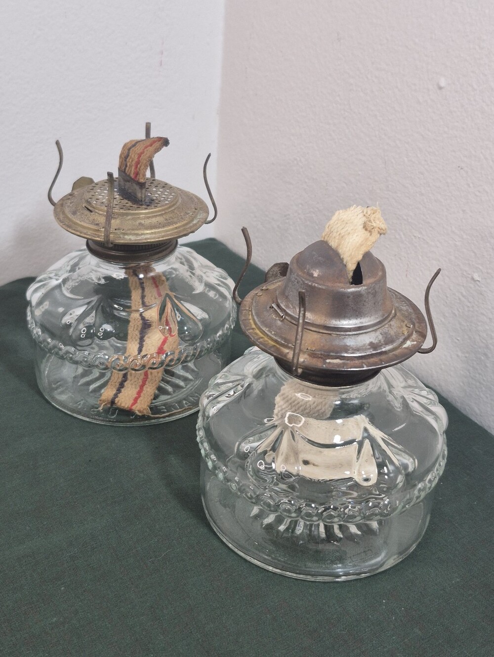 Pair of Vintage Glass Eagle Oil Lamps with Wicks